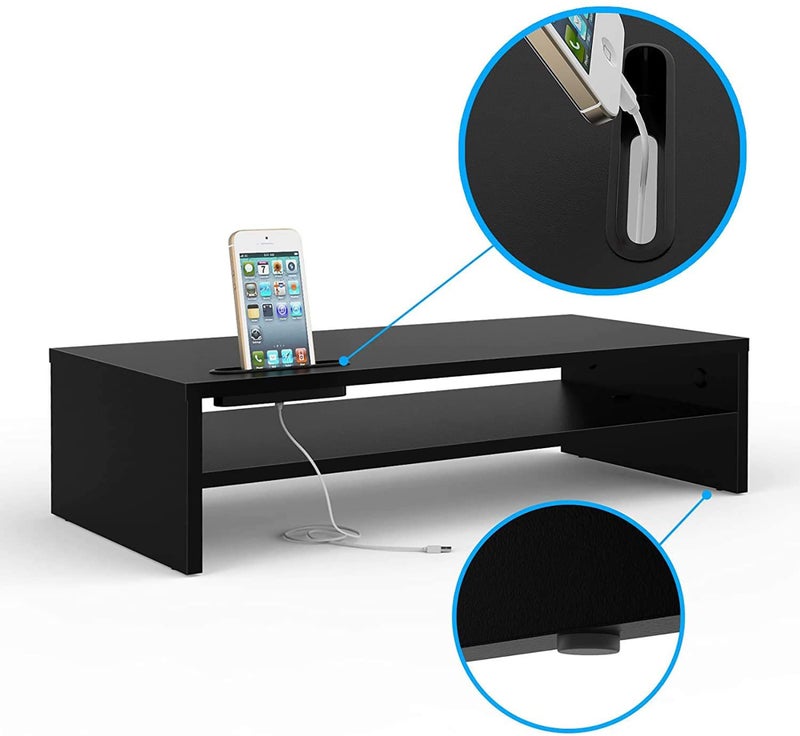 BONTEC Wood Monitor Stand Riser, 2-Tier Desktop Organizer with Storage, Ergonomic Computer Stand for Desk, Cable Management, Cellphone Holder, 21.3 Inch Shelf, Black - Image 4